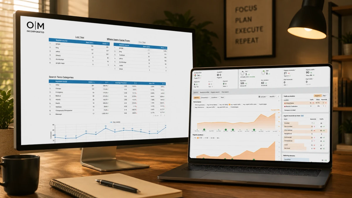 Desktop monitor and laptop on a wooden desk displaying detailed SEO data dashboards and marketing attribution models