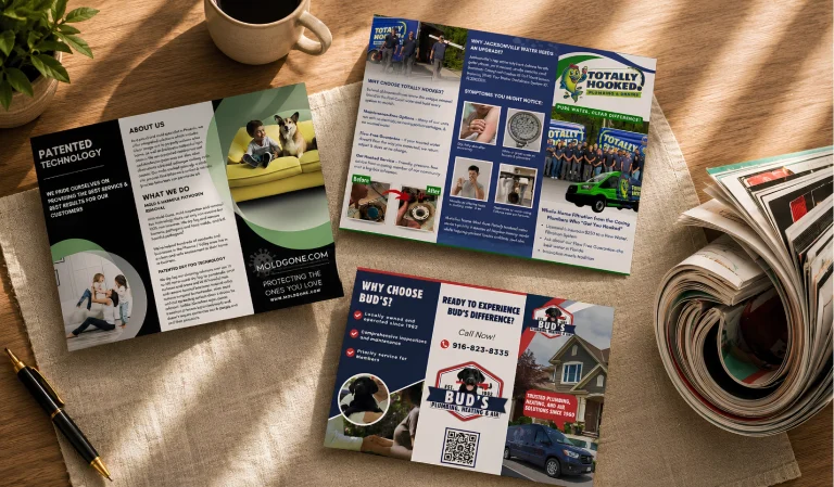 An overhead view of three custom tri-fold marketing brochures for home service businesses displayed on a textured mat alongside a pen, coffee cup, and magazines.